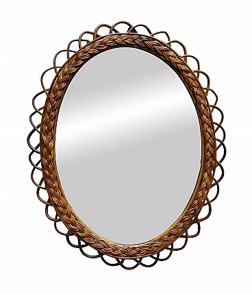 Oval wall mirror made of bamboo and rattan, 1960s