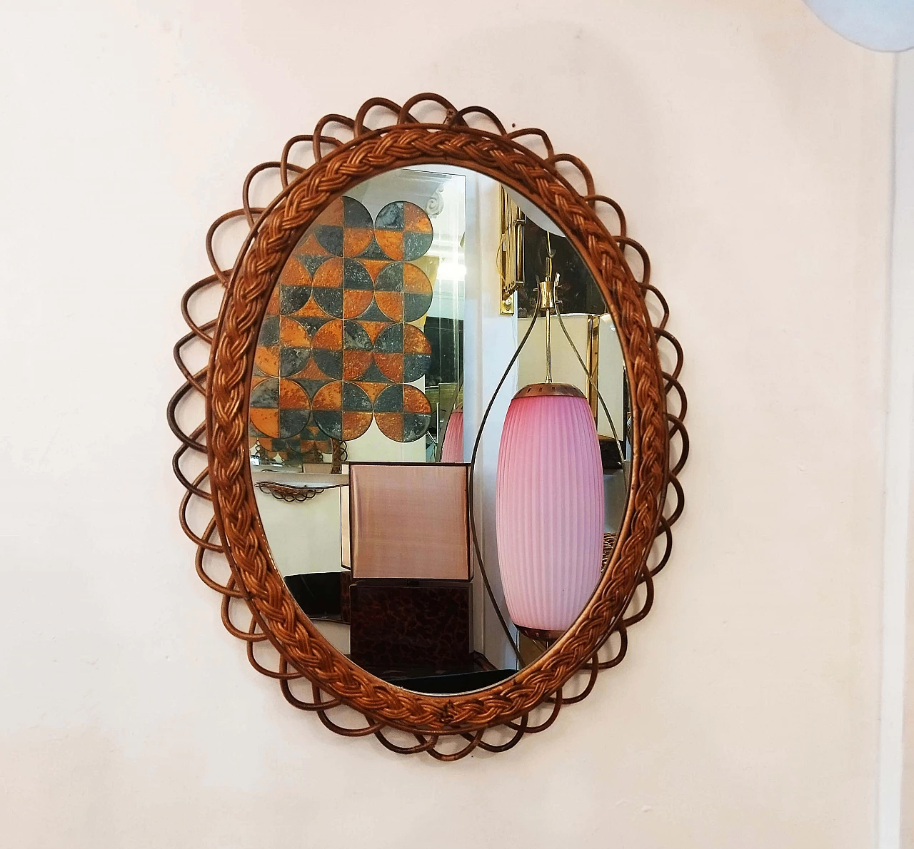 Specchio da parete ovale in bambù e rattan, anni '60 6