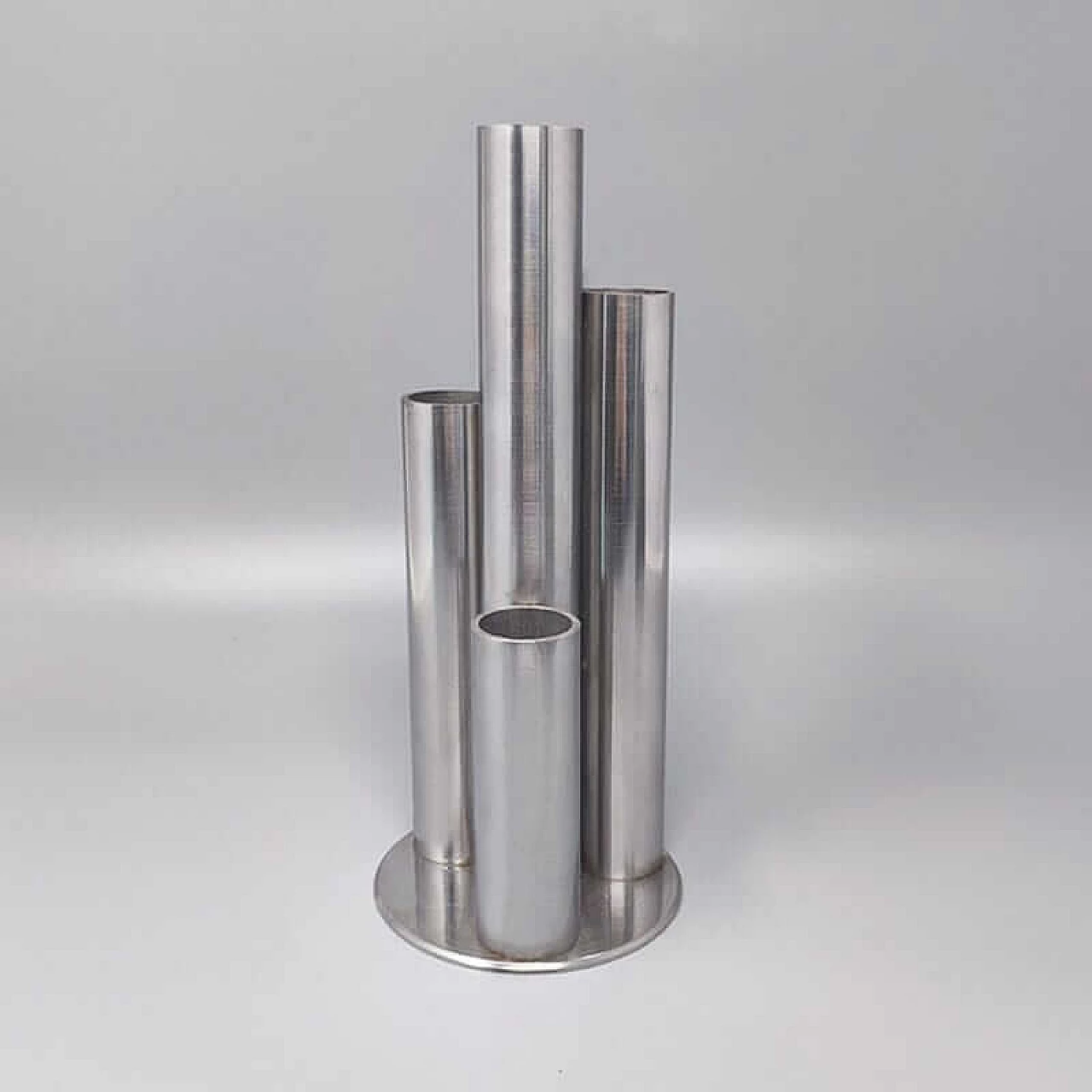 Stainless steel vase with four asymmetrical cylinders, 1970s 1