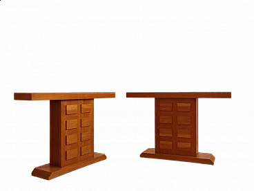 Pair of oak consoles with relief decoration, 1960s