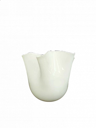 White Murano opaline blown glass Fazzoletto vase