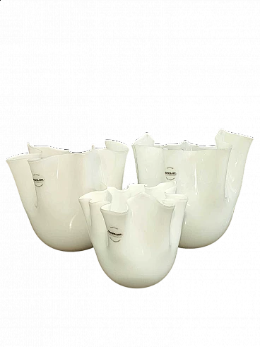 3 Fazzoletto vases in white opaline Murano glass