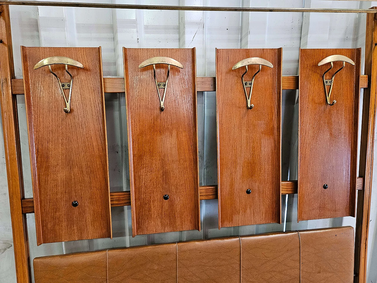 Wall-mounted coat rack in wood, brass and skai, 1950s 2