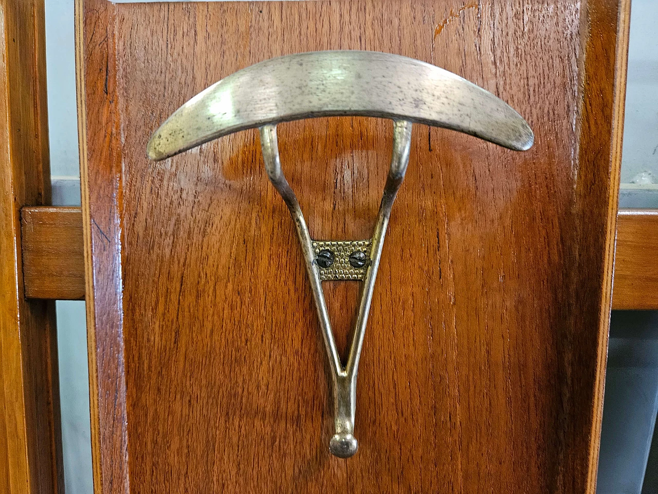 Wall-mounted coat rack in wood, brass and skai, 1950s 3