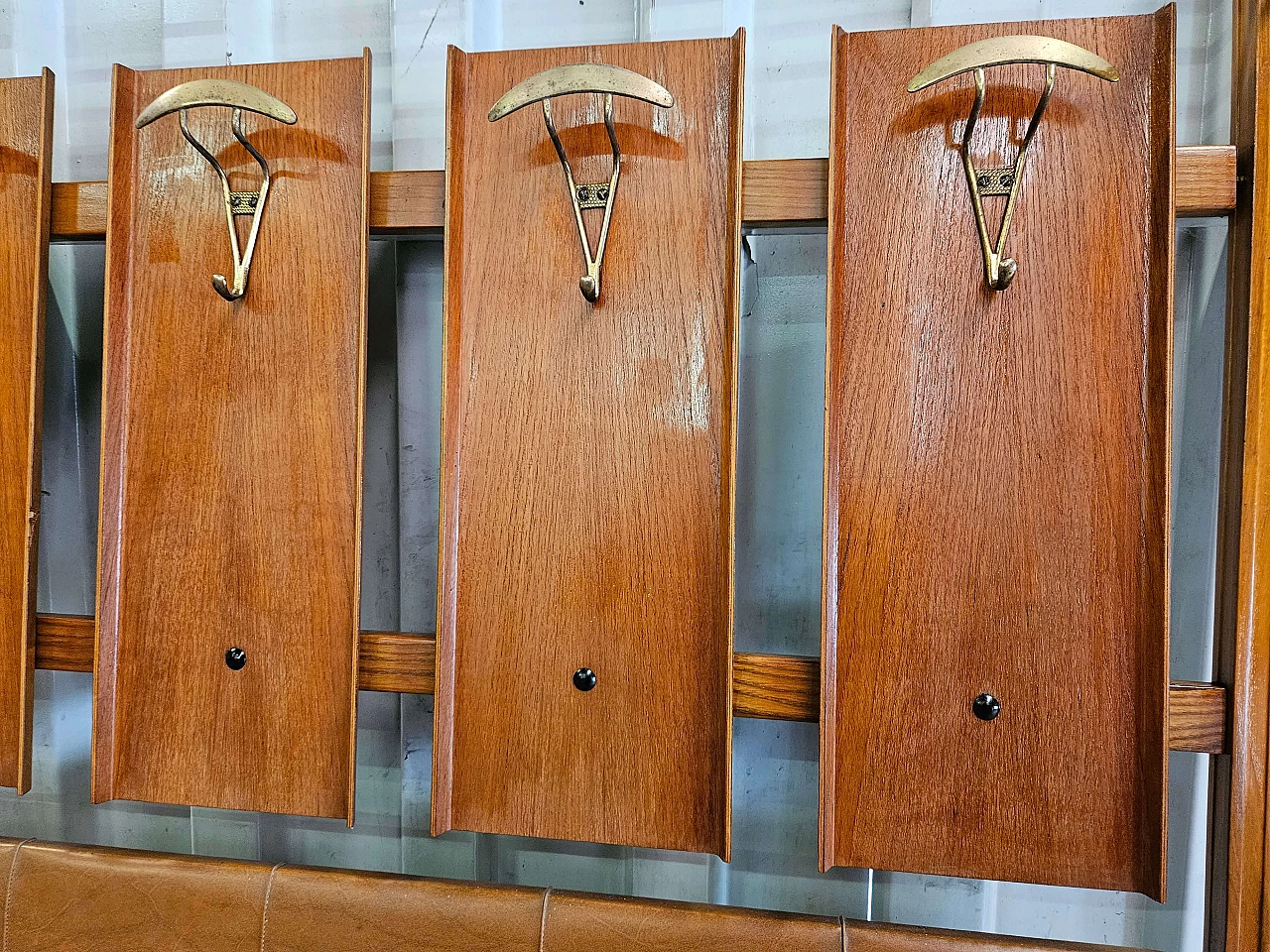 Wall-mounted coat rack in wood, brass and skai, 1950s 7