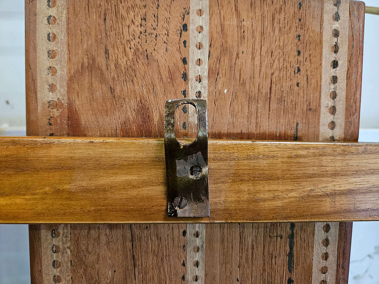 Wall-mounted coat rack in wood, brass and skai, 1950s 28