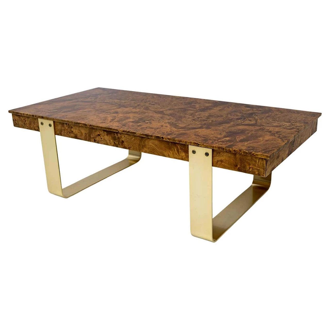 Coffee table with walnut-root top and brass legs, 1970s 1