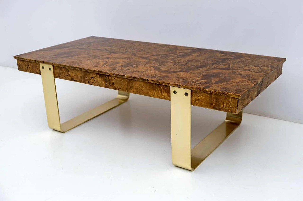 Coffee table with walnut-root top and brass legs, 1970s 2