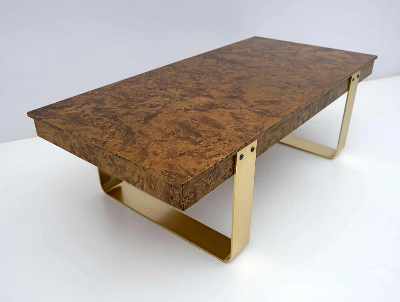 Coffee table with walnut-root top and brass legs, 1970s 6