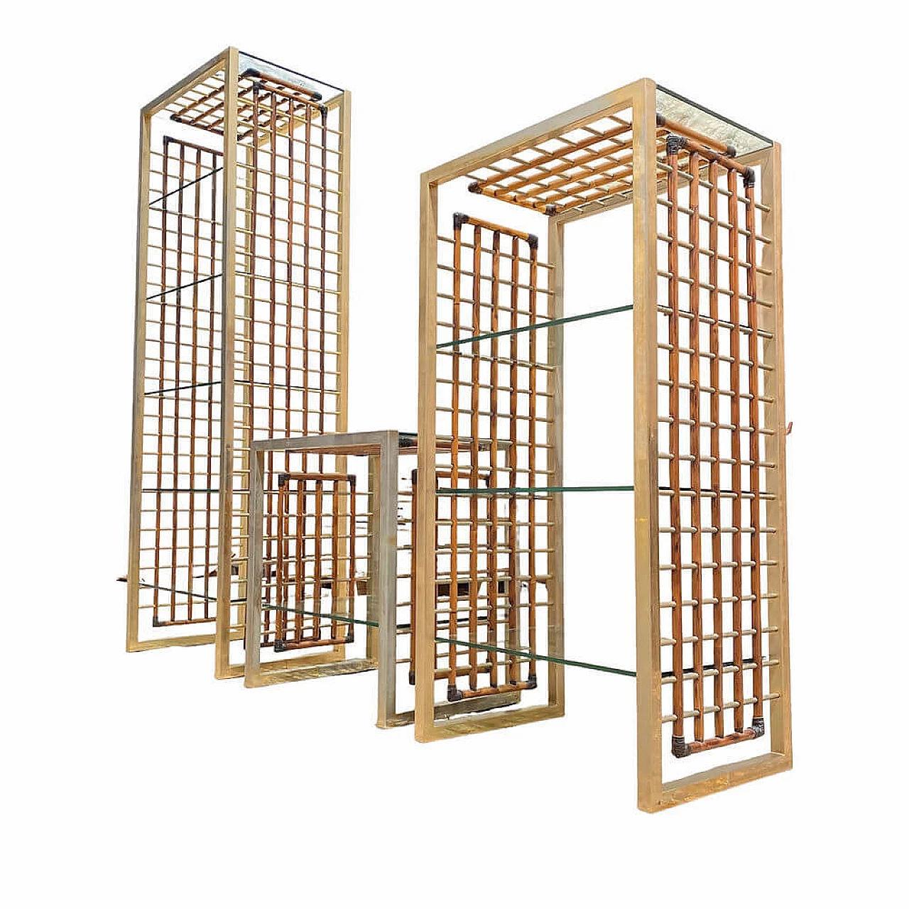 Marango three-module bookcase in bamboo, leather and brass by Alberto Smania, 1960s 5