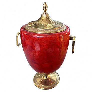 Brass and coral red goatskin ice bucket by Aldo Tura, 1950s