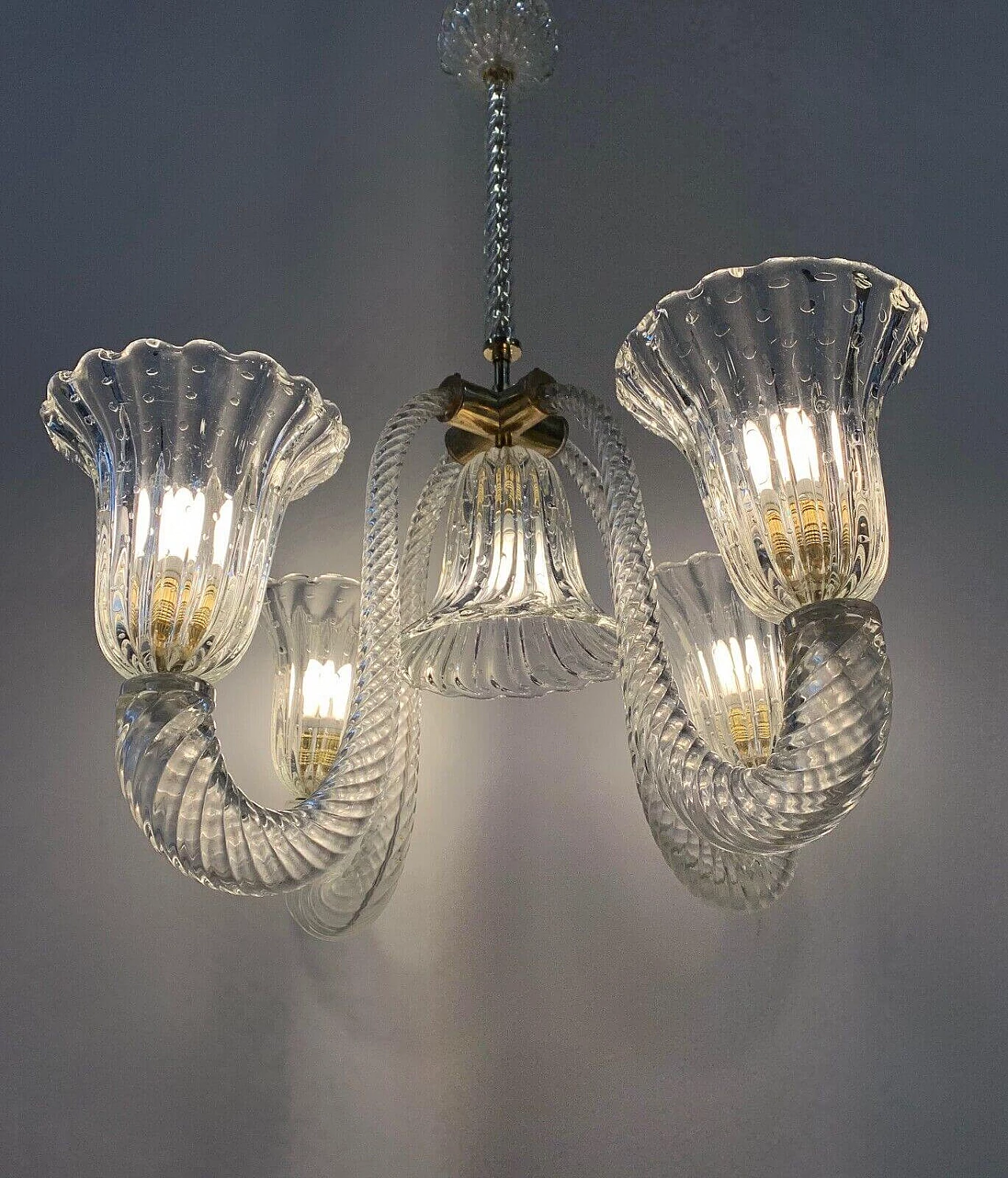 Lampadario a cinque luci in vetro di Murano e ottone di Seguso, anni '50 1