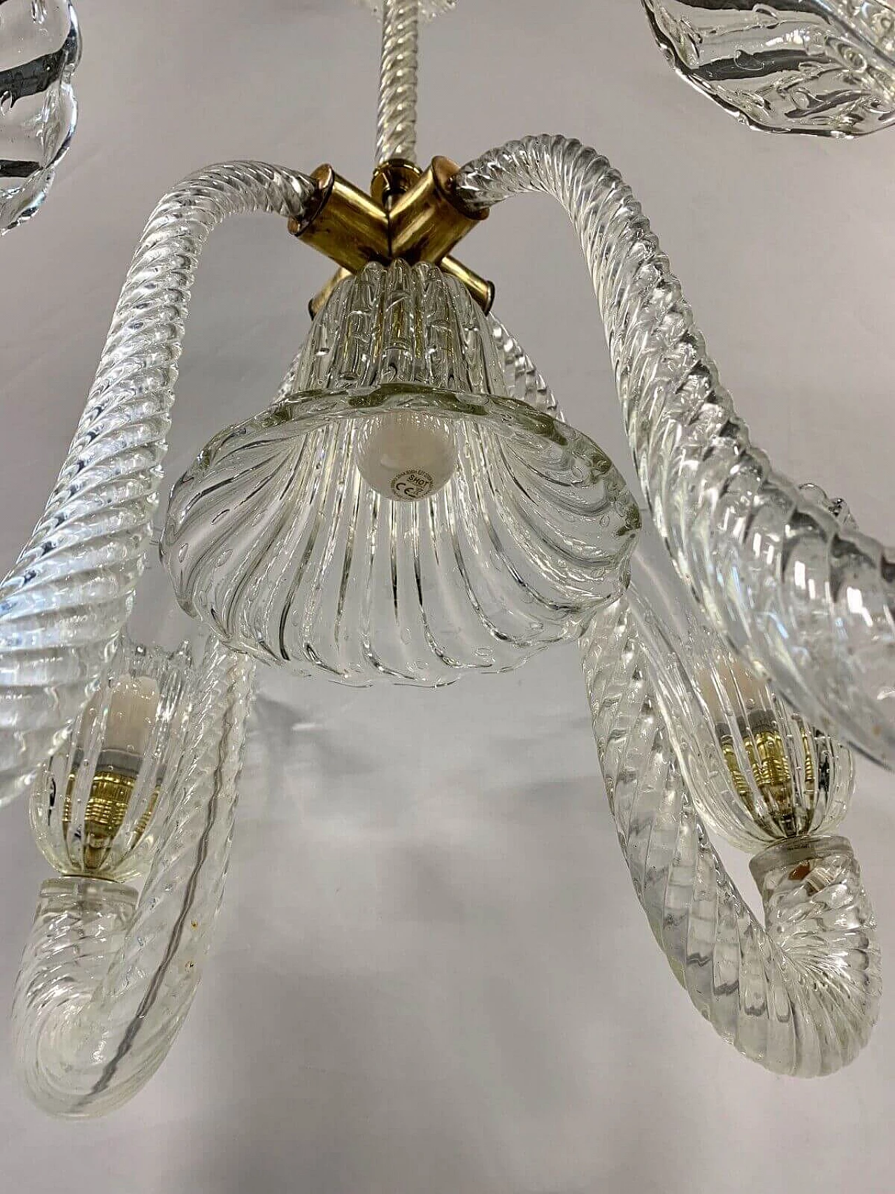 Lampadario a cinque luci in vetro di Murano e ottone di Seguso, anni '50 2