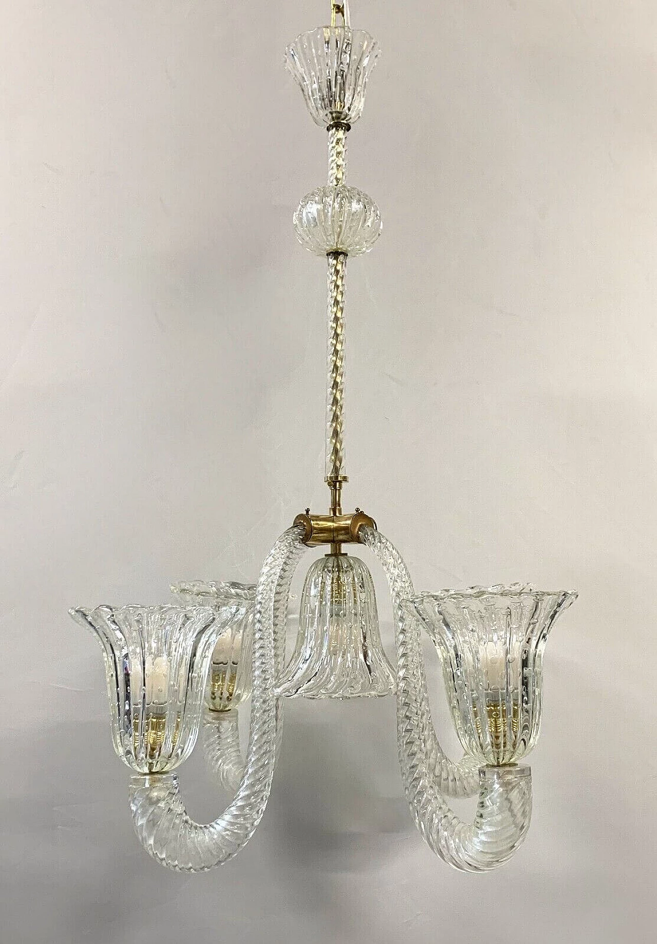 Lampadario a cinque luci in vetro di Murano e ottone di Seguso, anni '50 3