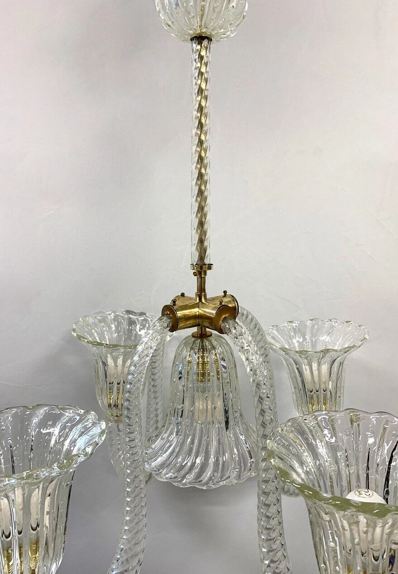 Lampadario a cinque luci in vetro di Murano e ottone di Seguso, anni '50 4