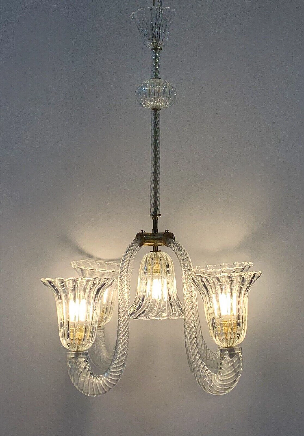 Lampadario a cinque luci in vetro di Murano e ottone di Seguso, anni '50 6