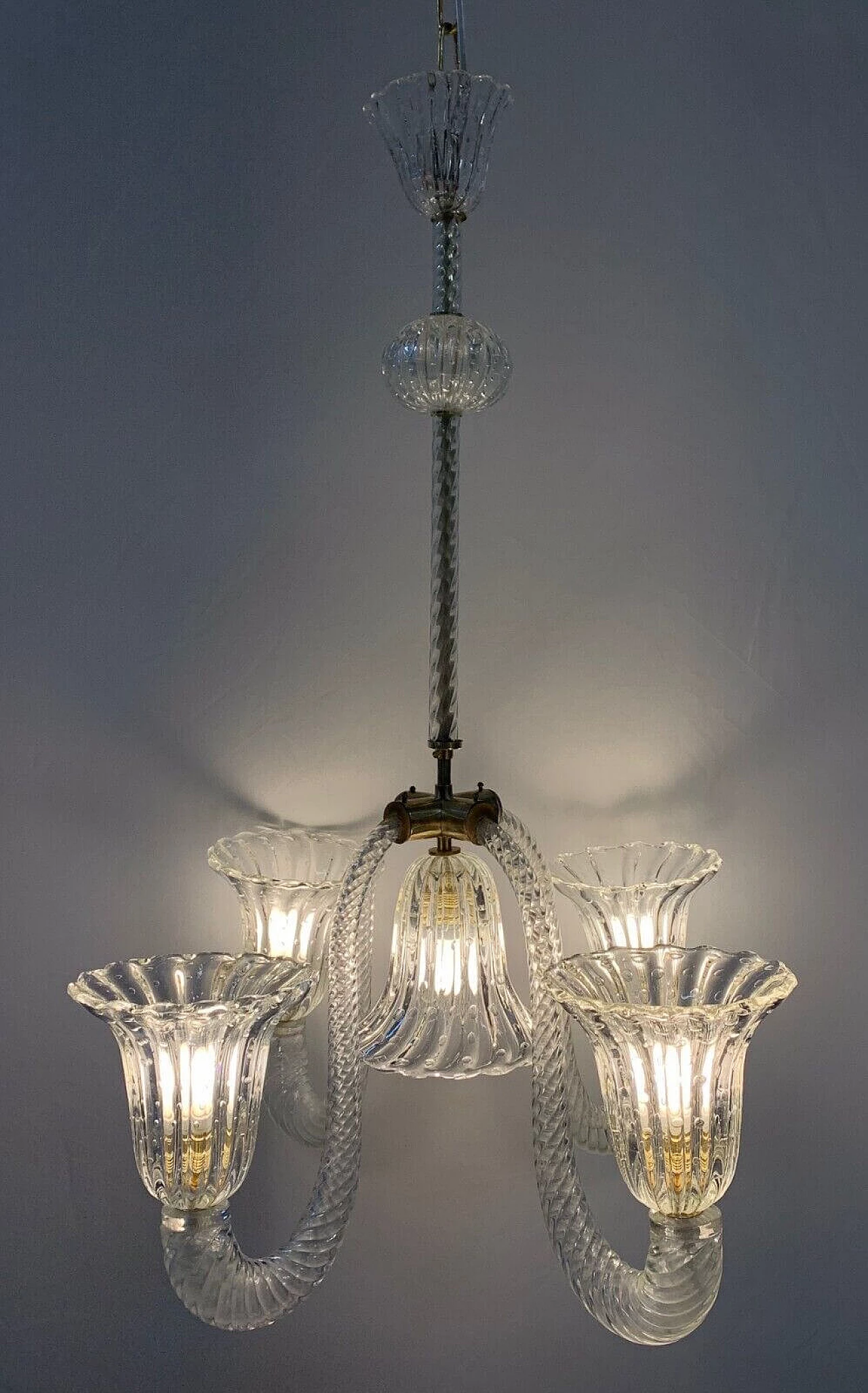 Lampadario a cinque luci in vetro di Murano e ottone di Seguso, anni '50 7