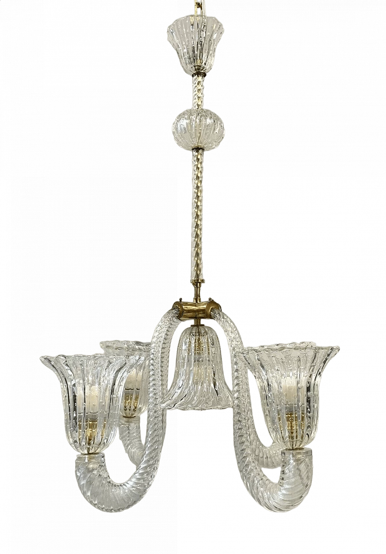Lampadario a cinque luci in vetro di Murano e ottone di Seguso, anni '50 8
