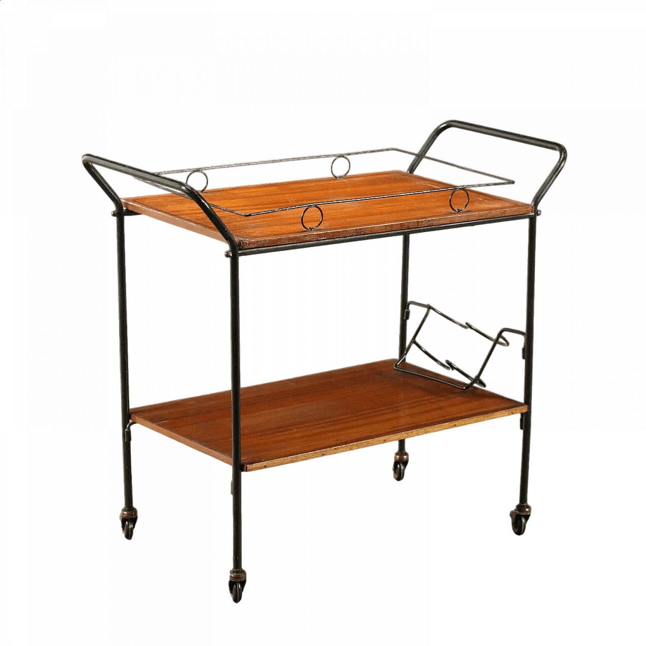 Enameled metal and mahogany veneered wood bar cart, 1960s 14