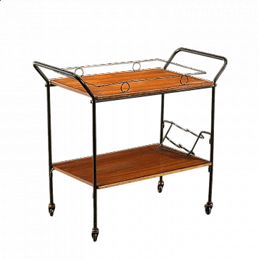 Enameled metal and mahogany veneered wood bar cart, 1960s