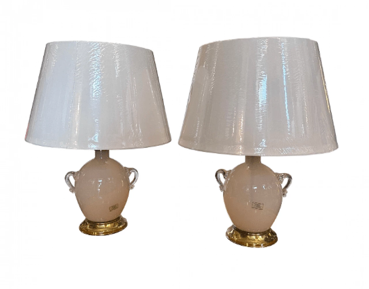 Coppia di lampade da tavolo in vetro di Murano e ottone di Tommaso Barbi, anni '70 1