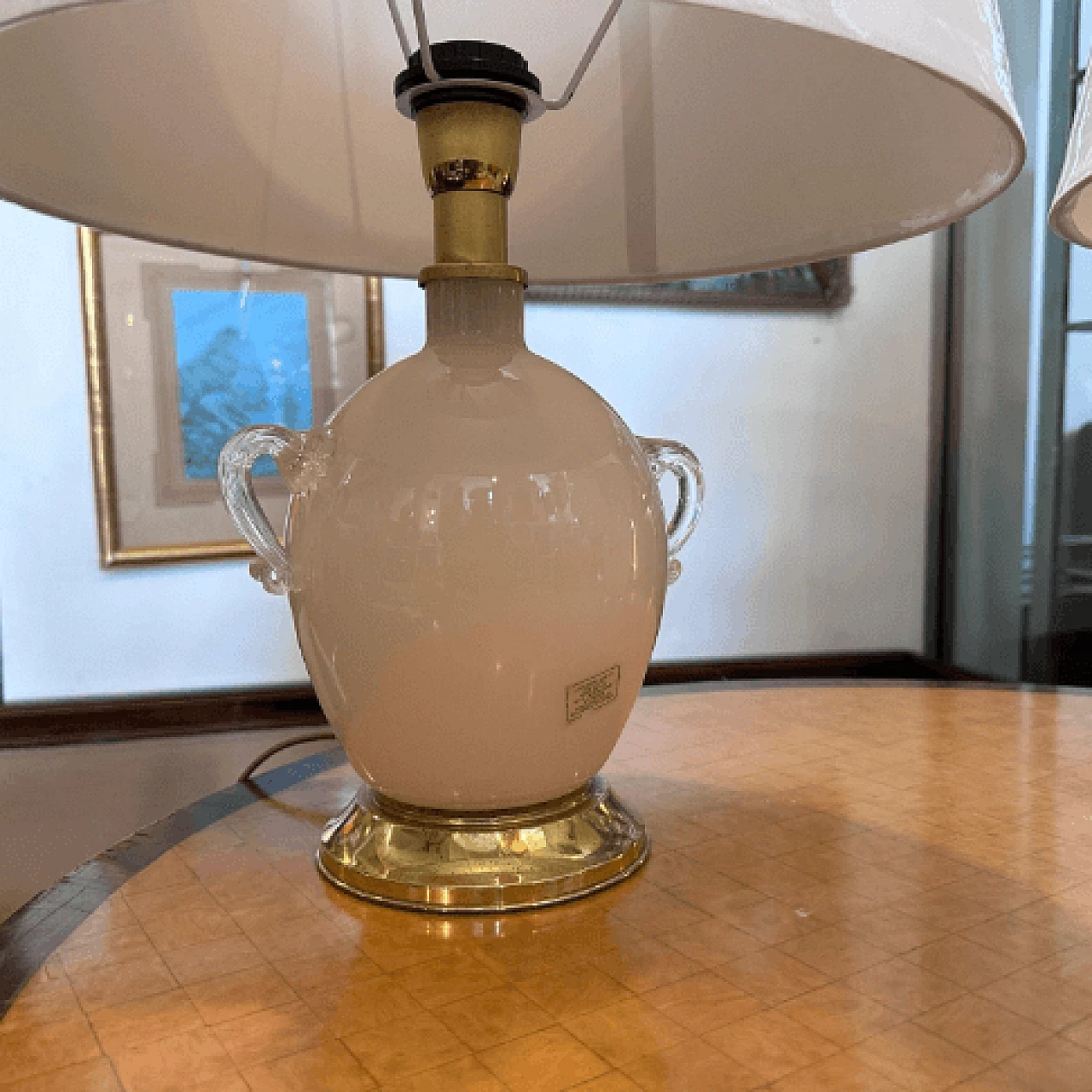 Coppia di lampade da tavolo in vetro di Murano e ottone di Tommaso Barbi, anni '70 3