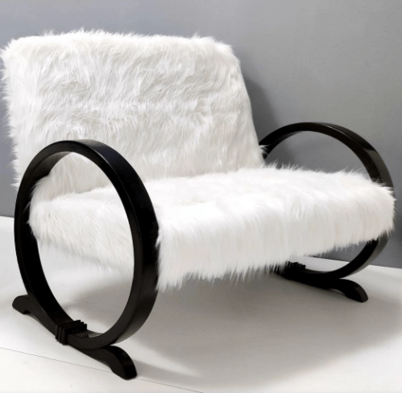 Art Deco ebonized beech and white faux fur sofa, 1940s 1