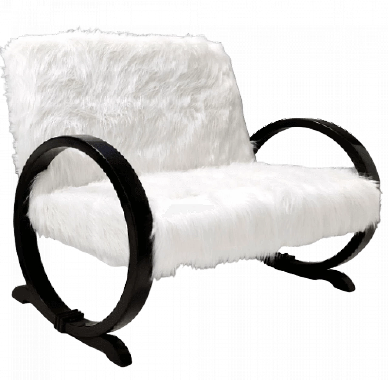 Art Deco ebonized beech and white faux fur sofa, 1940s 10