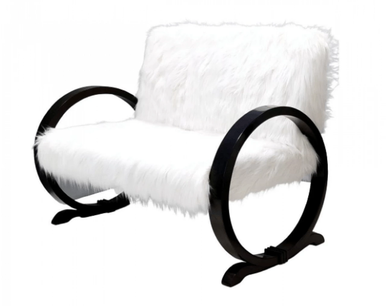 Art Deco white faux fur and ebonized beech sofa, 1940s 1