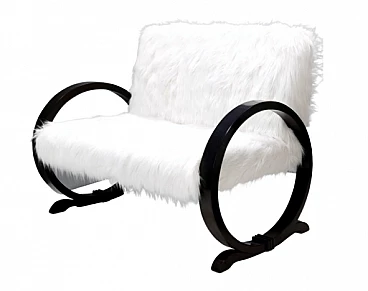 Art Deco white faux fur and ebonized beech sofa, 1940s