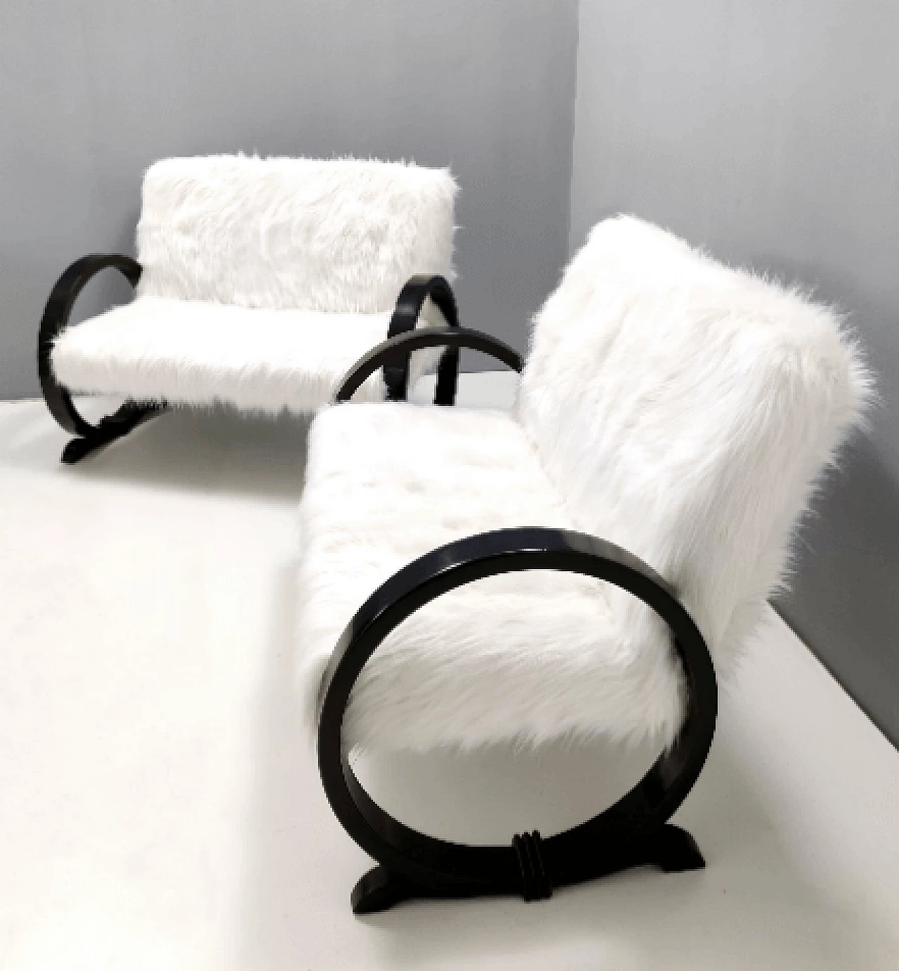 Art Deco white faux fur and ebonized beech sofa, 1940s 2