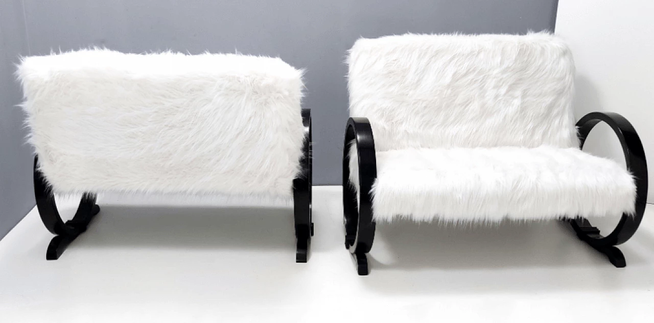 Art Deco white faux fur and ebonized beech sofa, 1940s 3