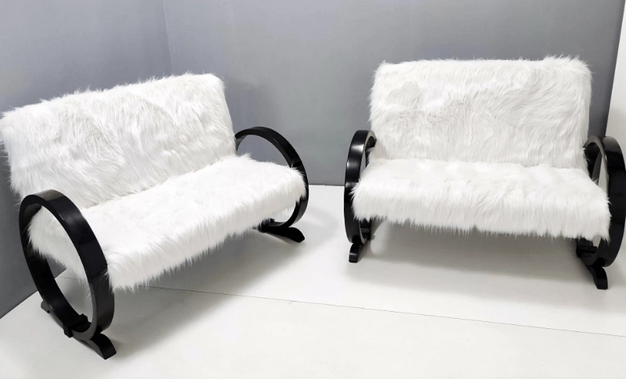 Art Deco white faux fur and ebonized beech sofa, 1940s 5
