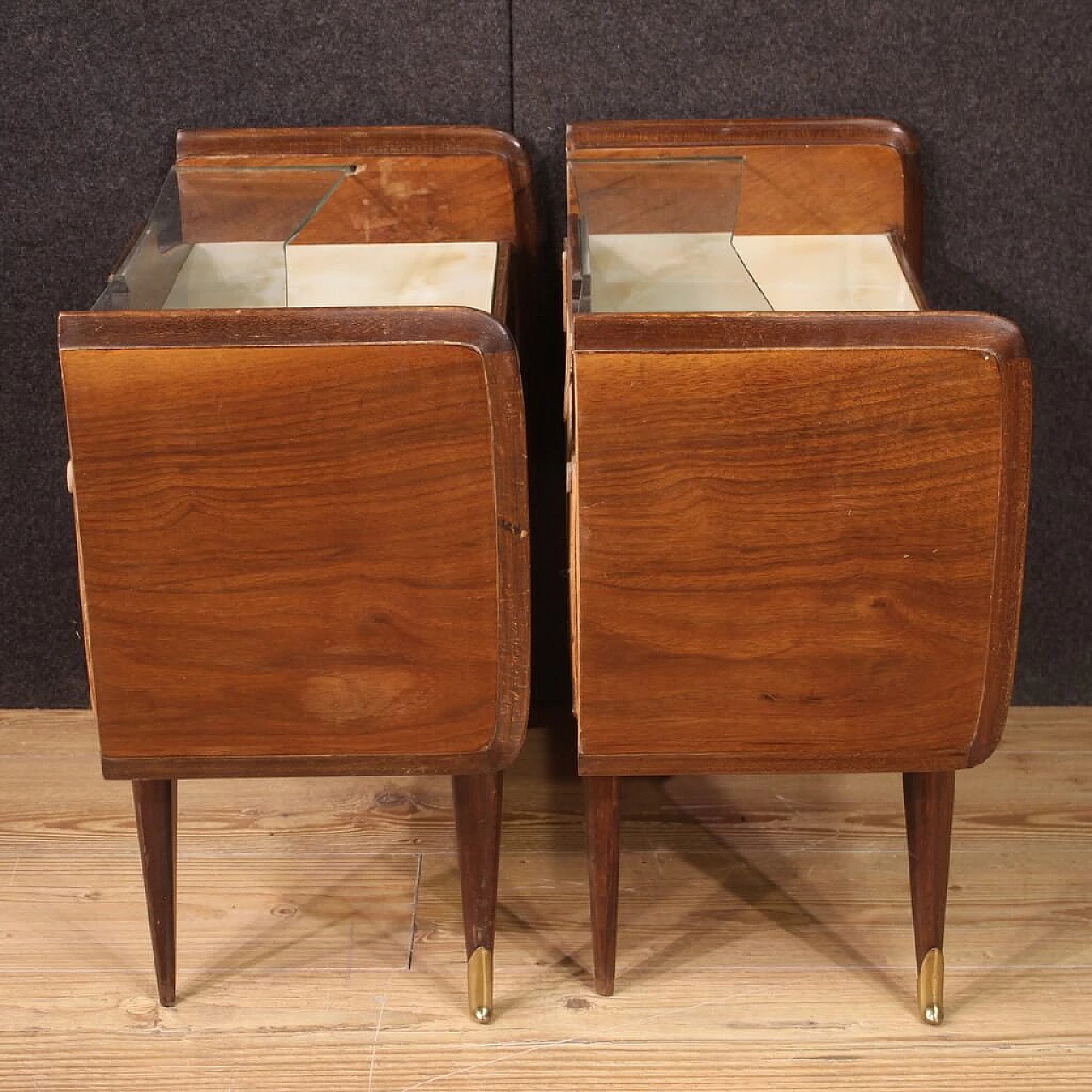 Pair of bedside tables carved and veneered in walnut, briar and fruitwood, 1950s 3
