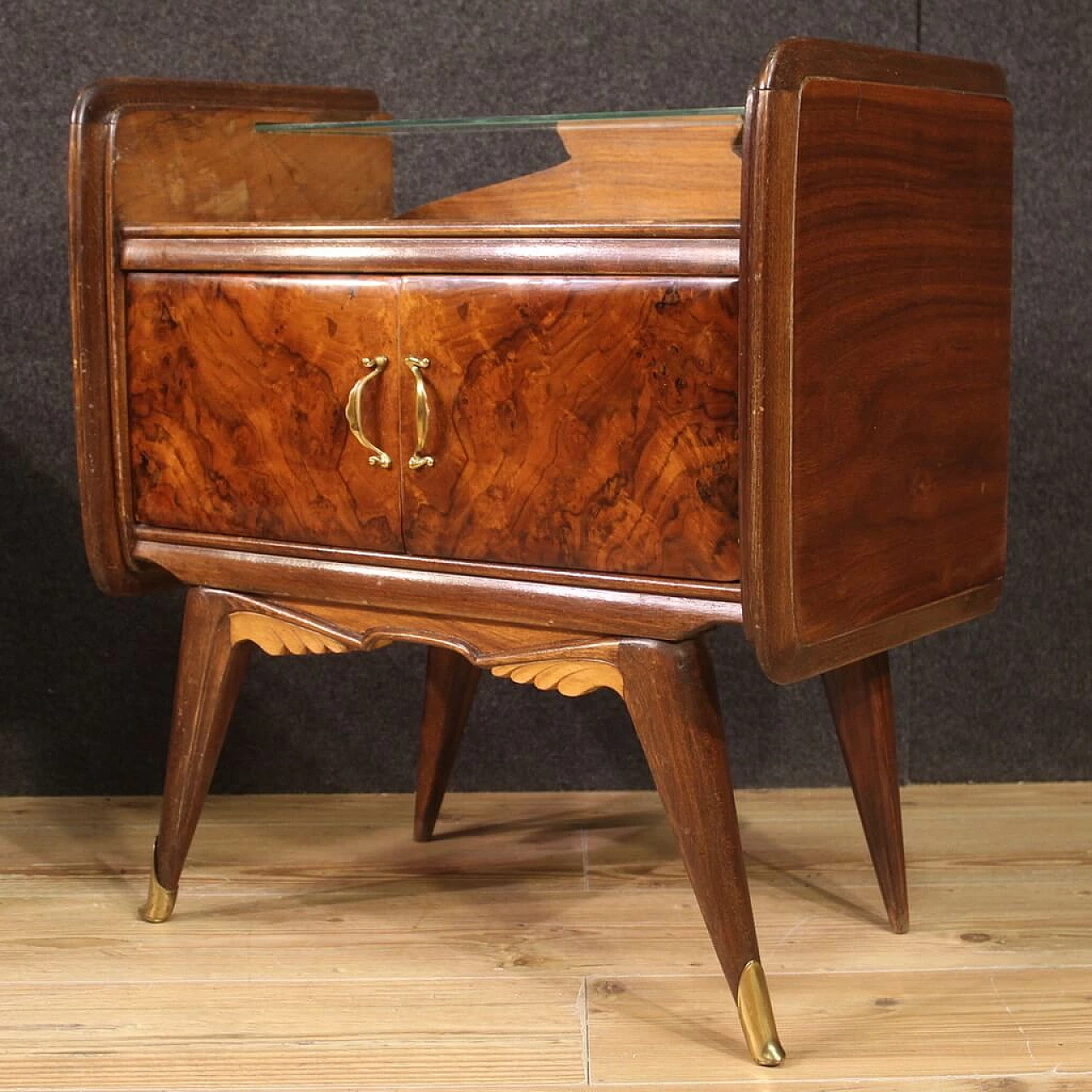 Pair of bedside tables carved and veneered in walnut, briar and fruitwood, 1950s 6