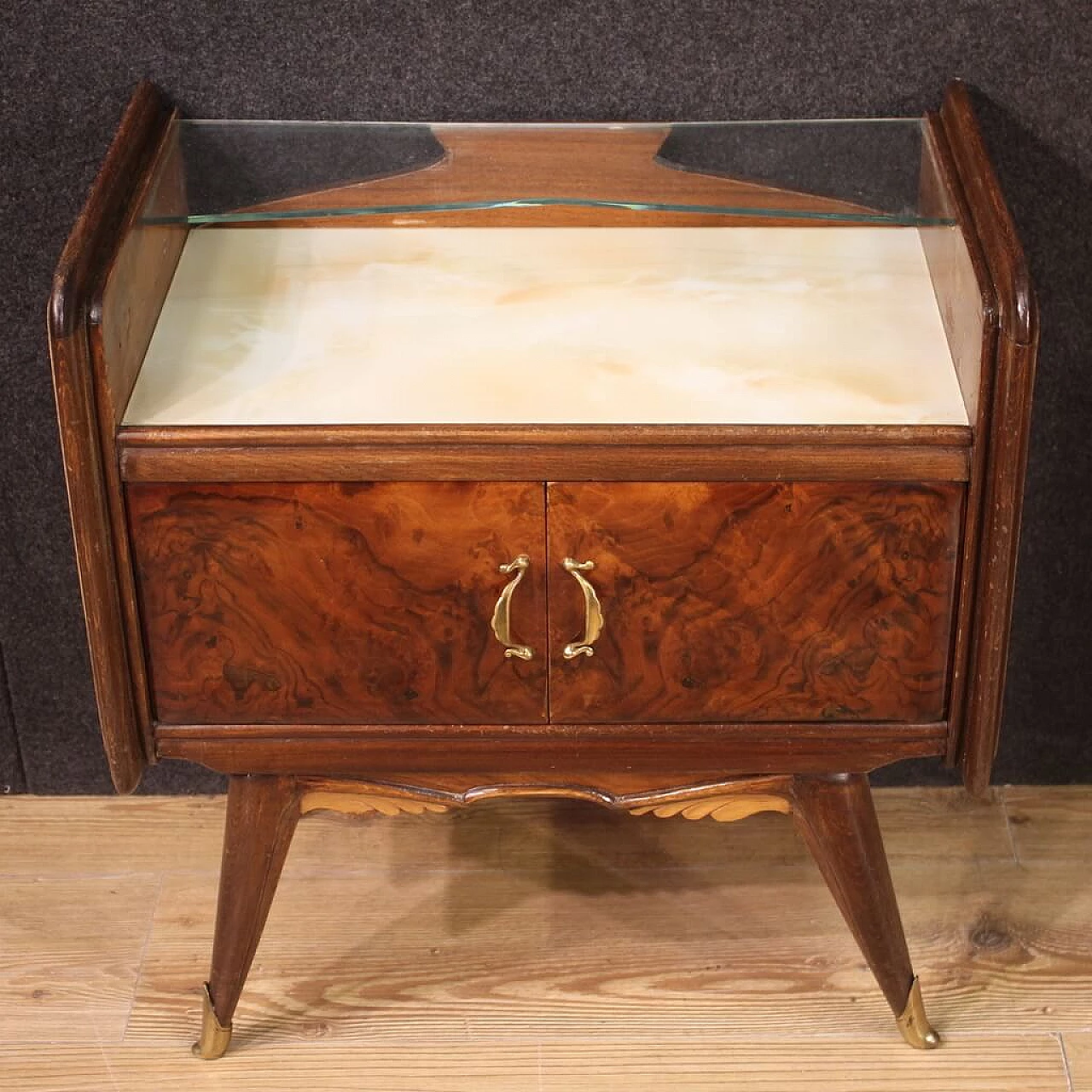 Pair of bedside tables carved and veneered in walnut, briar and fruitwood, 1950s 7