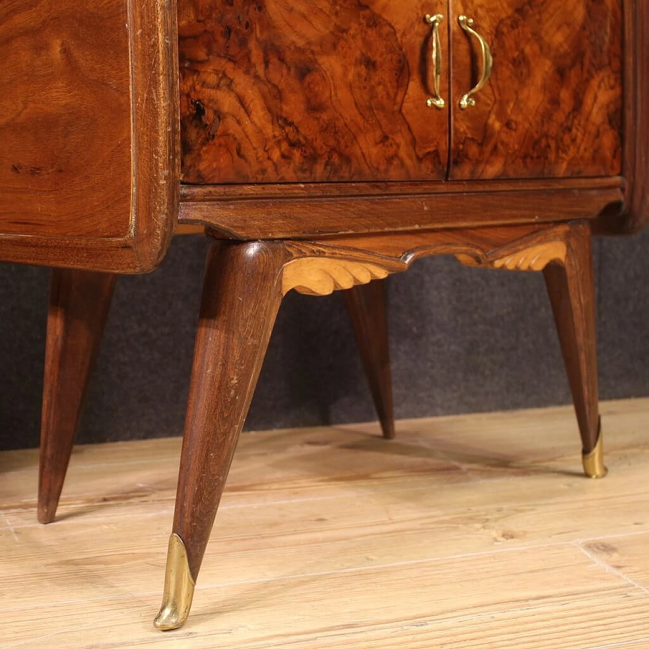 Pair of bedside tables carved and veneered in walnut, briar and fruitwood, 1950s 8