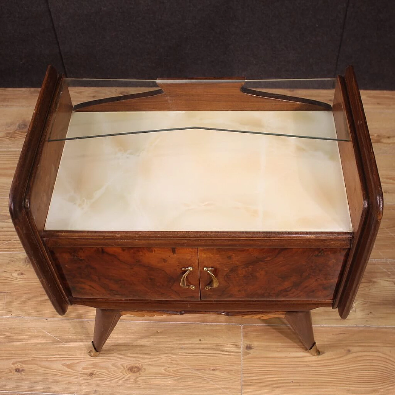 Pair of bedside tables carved and veneered in walnut, briar and fruitwood, 1950s 11