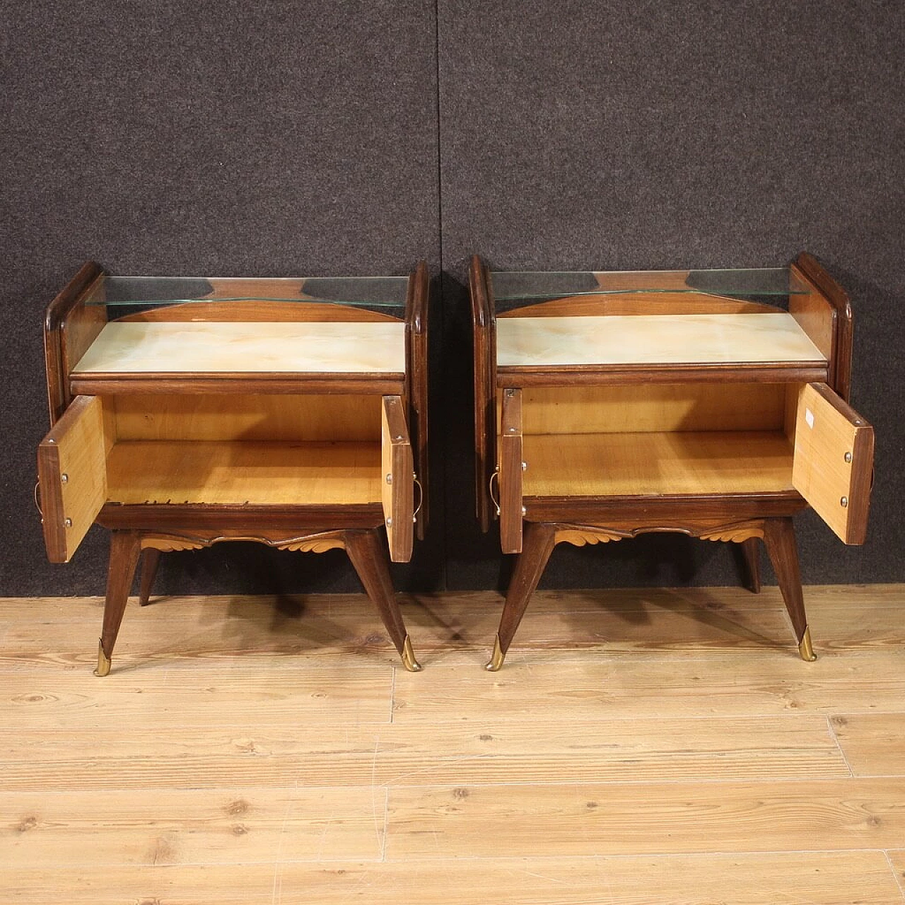 Pair of bedside tables carved and veneered in walnut, briar and fruitwood, 1950s 12