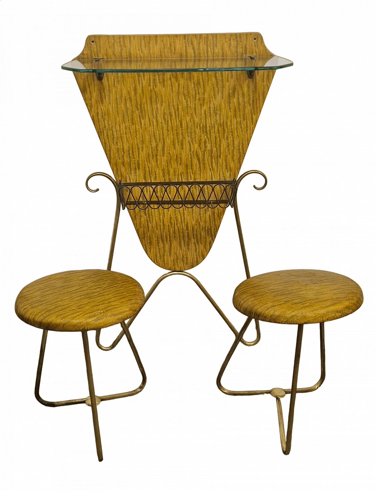 Consolle in ottone, skai e vetro con coppia di sgabelli, anni '70 10