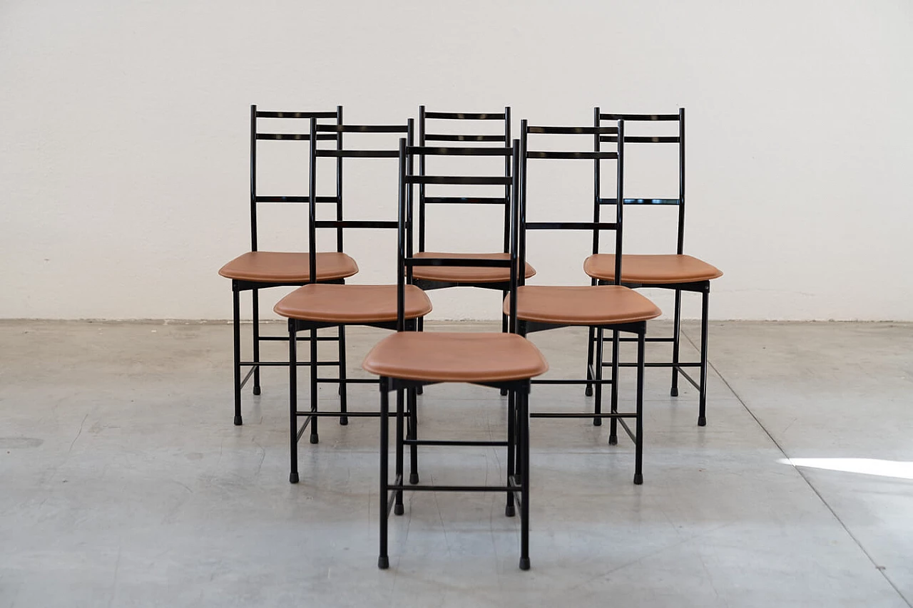 6 Chairs in painted anodised aluminium with leather seat by Ycami, 80s 1386291