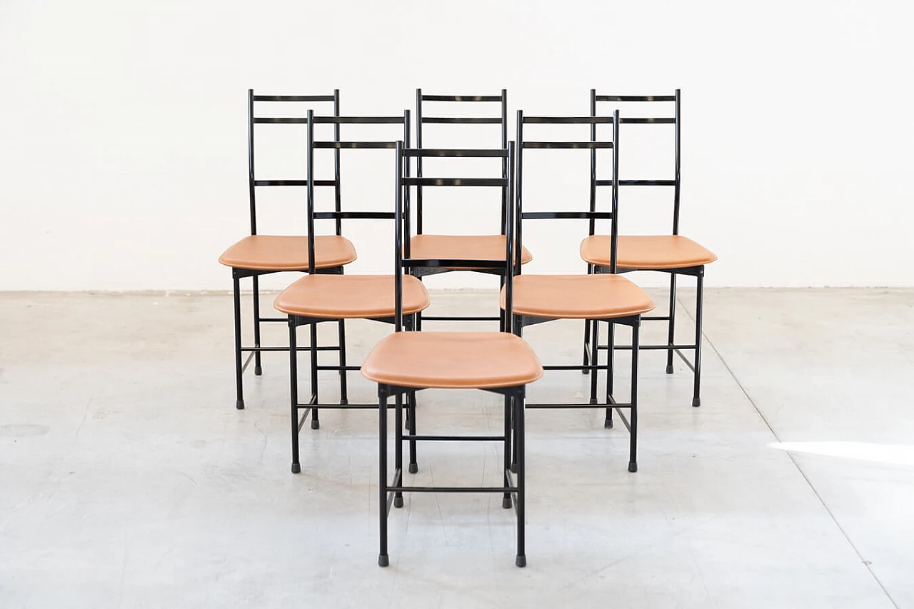 6 Chairs in painted anodised aluminium with leather seat by Ycami, 80s 1386292