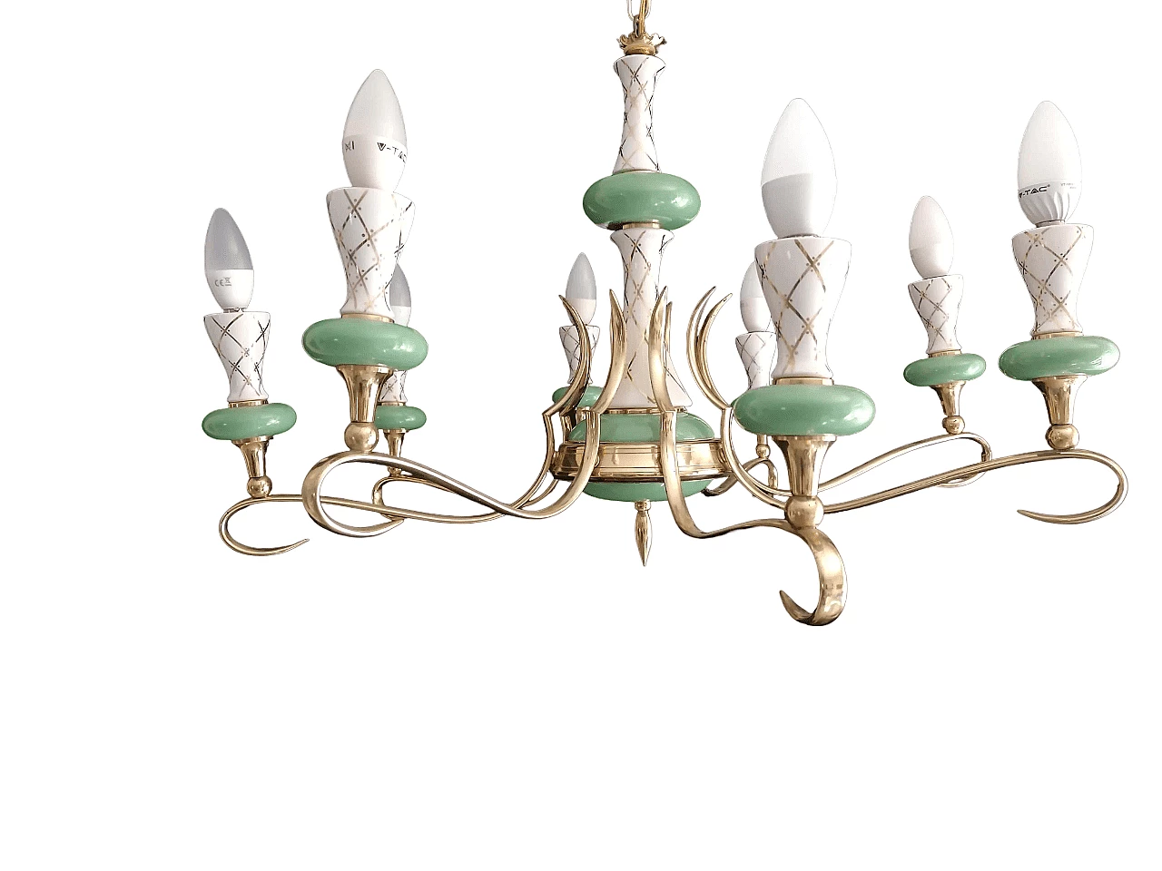 Eight-light white, green and gilded ceramic chandelier, 1950s 10