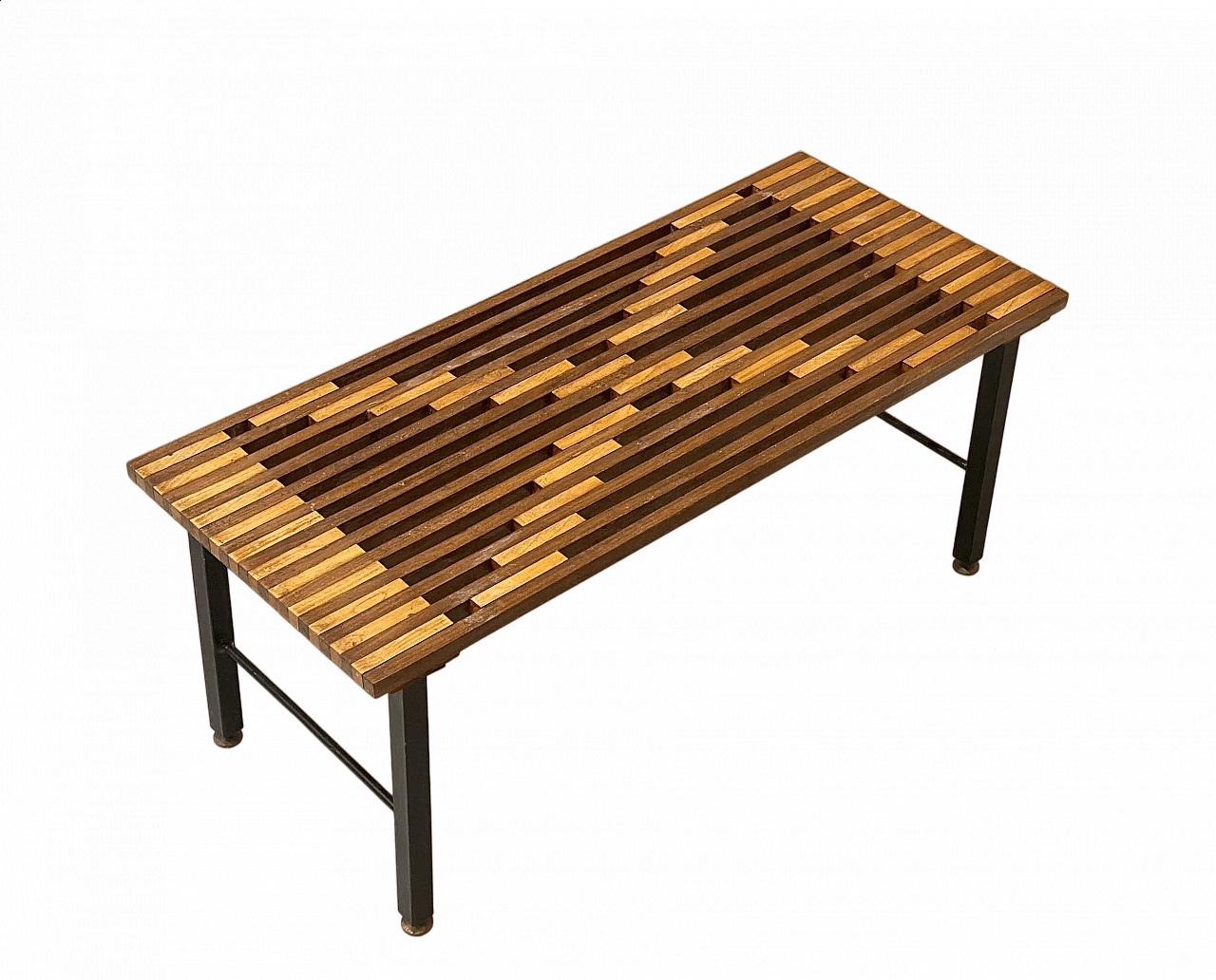 Panchetta con struttura in ferro laccato nero e seduta in teak, anni '60 11