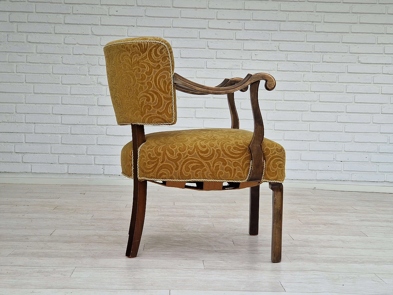 Scandinavian armchair in ash and green fabric, 1930s 4