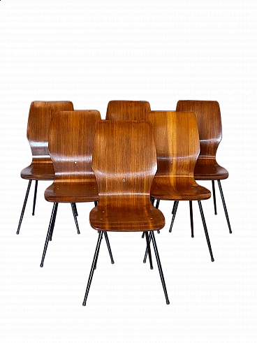 6 Bent plywood chairs with iron frame, 1960s