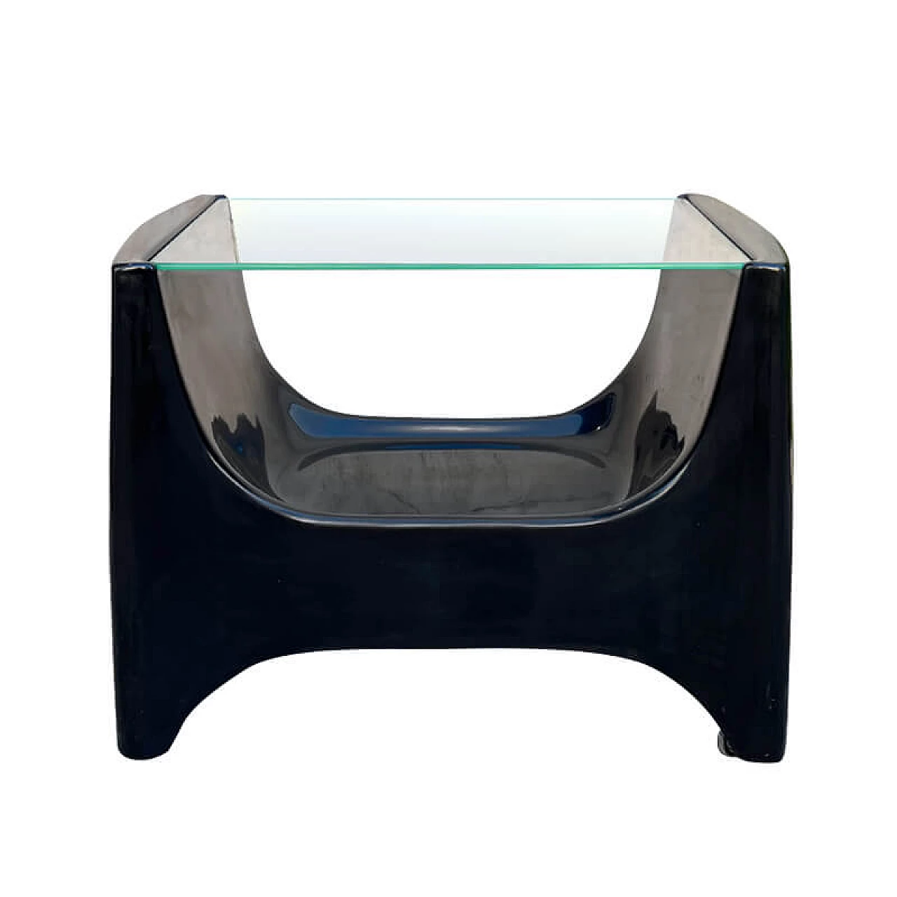 Carrello porta TV in vetroresina nera con piano in vetro, anni '70 1