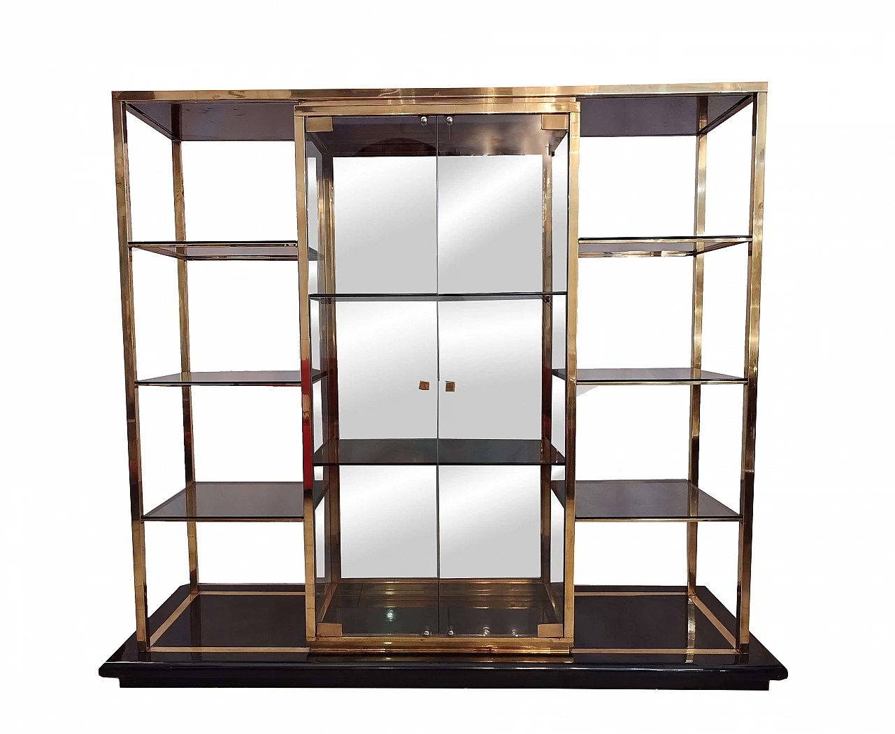 Brass, lacquered wood and glass bookcase with showcase by Romeo Rega, 1970s 1