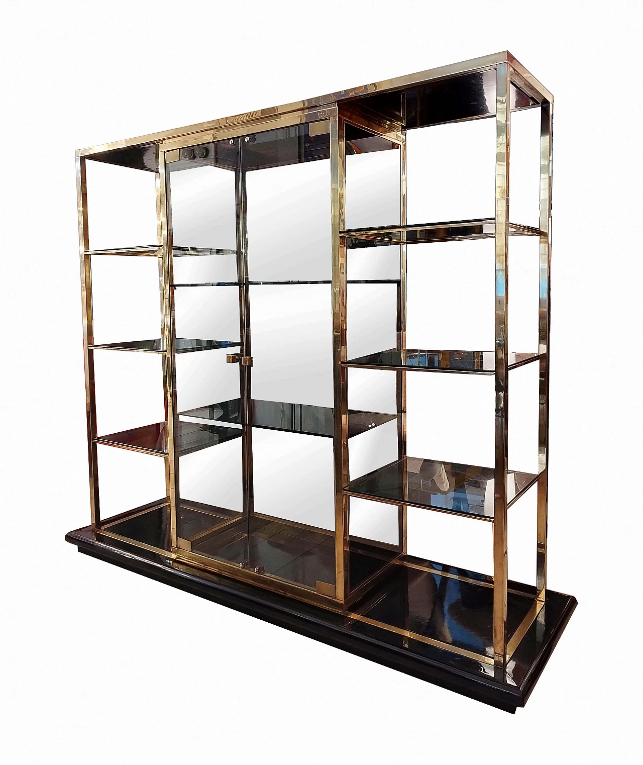 Brass, lacquered wood and glass bookcase with showcase by Romeo Rega, 1970s 2