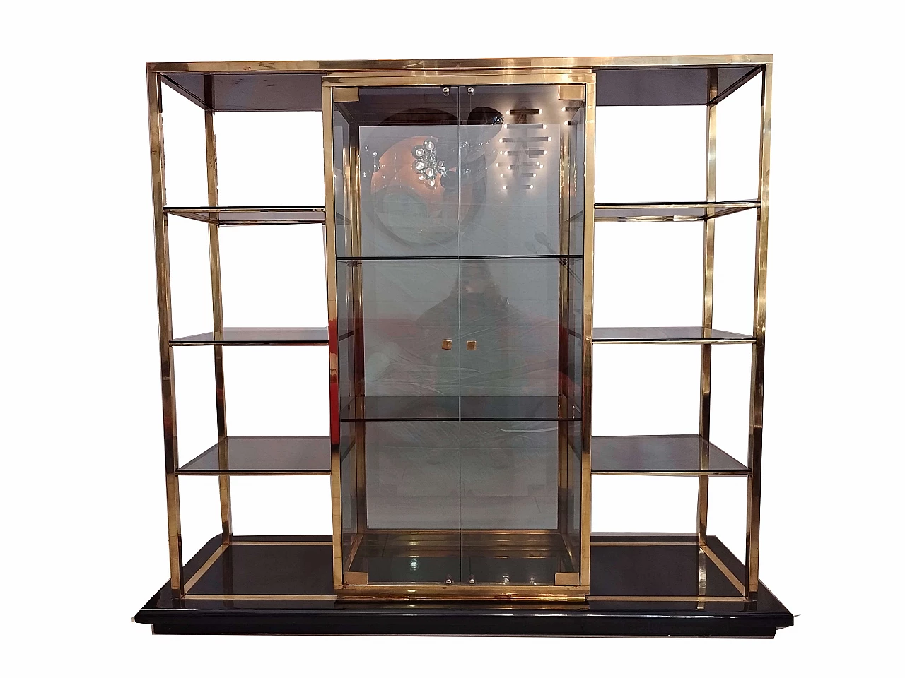 Brass, lacquered wood and glass bookcase with showcase by Romeo Rega, 1970s 4